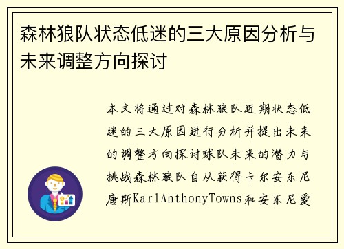 森林狼队状态低迷的三大原因分析与未来调整方向探讨
